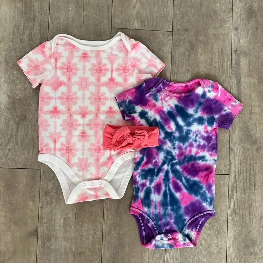 Baby girl 18 month bodysuits and bows bundle tie dye